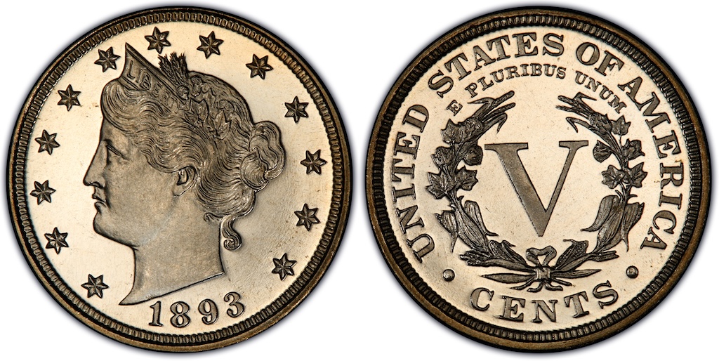 Comparison of 1893 Liberty Nickel business strike (left) versus Proof Deep Cameo (right) showing mirrored fields and frosted devices