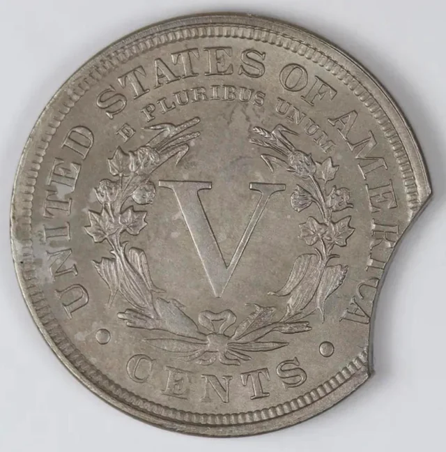 1893 Liberty Nickel clipped planchet error with curved clip missing from edge