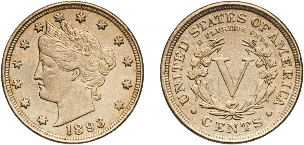 Grading strip of 1893 Liberty Nickels showing four condition tiers from Good through Mint State